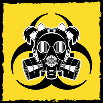 Little girl in a gas mask on yellow background biohazard symbol. Vector illustration.