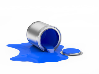 Blue paint spilled from an open can isolated on a white background. 3D illustration