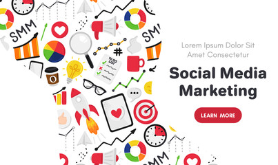 Vector background with smm elements. Social Media Marketing. Reach and promotion among target audience. Landing page, banner, mailing, presentation, header. Advertising for marketers, digital agency