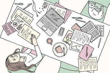 Hand drawn illustration of a young woman working at home at her desk - 341438826