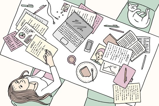 Hand drawn illustration of a young woman working at home at her desk