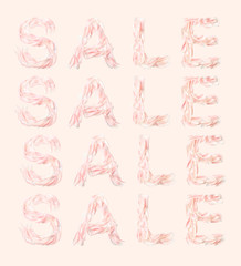sale. minimal flowers concept. letters made petals of peonies. flat lay, pink background