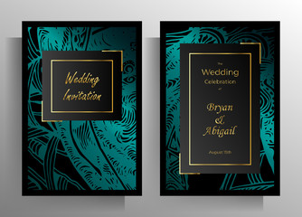 Fototapeta na wymiar Design wedding invitation template set. Turquoise textural elements on black color are manually drawn. Vector 10 EPS.