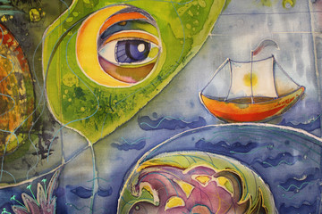 Batik, painting on fabric. Against the background of the sea, a boat, waves, a ship and an eye looking down, hand-made
