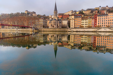 The Saone River, and Saint-Gorges church and bridge, in Old Lyon, France