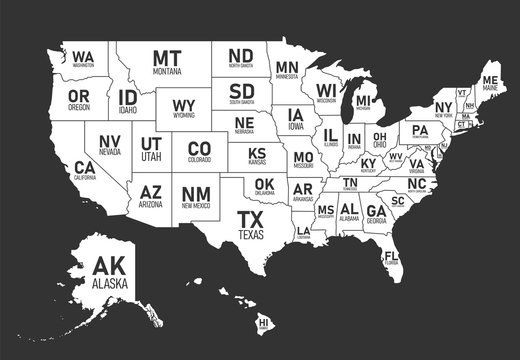 Map of United States of America with state names and abbreviations. Black and white print map of USA. Vector flat style Illustration.