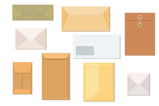 Different types of envelopes mock ups isolated on a white background. Illustration.