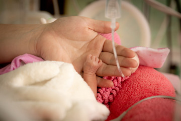 Premature newborn baby in incubator, ICU