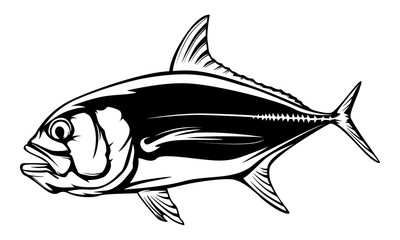 Fishing emblem of  permit isolated on white. Bone fish logo in blue colours. Ocean theme background.