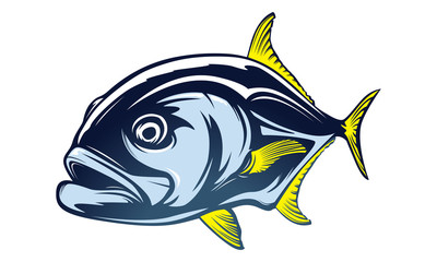 Fishing emblem of  permit isolated on white. Bone fish logo in blue colours. Ocean theme background.