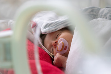 Premature newborn baby in incubator, ICU