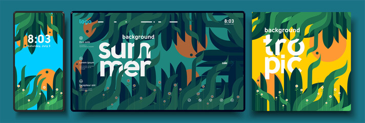 Vector illustration. Summer, nature, leaves, trees. A set of backgrounds for mobile phone, desktop, and cover art.