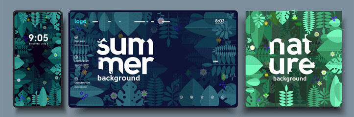 Vector illustration. Summer, nature, leaves, trees. A set of backgrounds for mobile phone, desktop, and cover art.