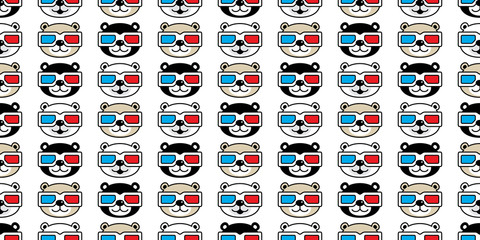 Bear seamless pattern polar bear popcorn vector movie 3d glasses cinema teddy cartoon scarf isolated tile background repeat wallpaper doodle illustration textile design © CNuisin