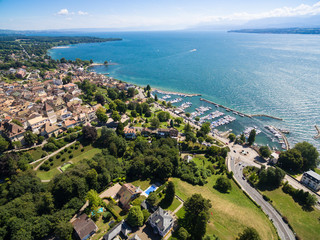 Aerial view of Nyon old city and waterfront in Switzerland
