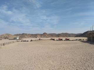 Bedouin village in egyptian desert. Safari in the desert. Extreme entertainment and active leisure in Egypt resorts.