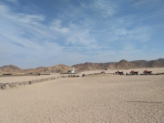 Bedouin village in egyptian desert. Safari in the desert. Extreme entertainment and active leisure in Egypt resorts.