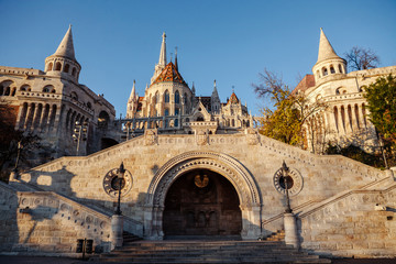 View of the Fisherman's Bastion from the bottom up. Stairs leading to the Bastion