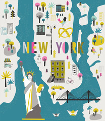 Cartoon Map of New York with Legend Icons