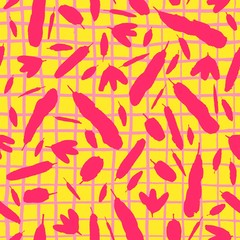 Seamless pattern with leaves. Silhouettes of plants on checkered background. Colorful backdrop drawn by hand. Design for textile, fabric, wallpaper, wrapping paper. Stock vector illustration.