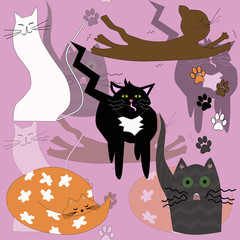 Seamless abstract pattern. Multi-colored sleeping, scared, pacified cats on a pink background.