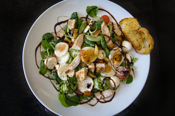 Gemischter Bio Salat Teller mit Hühnchenstreifen, Tomaten, Eier, Paprika, Feldsalast, Balsamico...