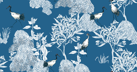 Black Tail Cranes in Oleander Garden Exotic Floral Trees, Floral Nature Seamless Pattern White on Blue Background, Chinoiserie Chinese Print Wildlife in Flowers - 341446059
