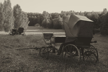 Fototapeta na wymiar Retro vintage Carriage outdoors. Black and white image.