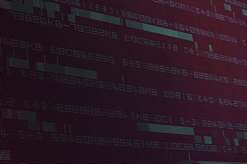 Large pink digital wall display LED screen with numerals, characters and glitches running across the screen