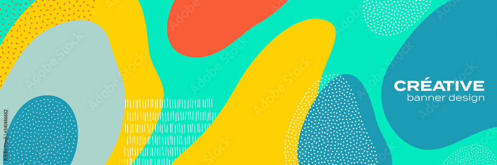 Poster Abstract color pattern background, halftone geometric vector doodle texture. Trend liquid fluid color shape and creative cartoon fun style pattern background