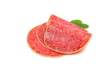 Salami slices isolated on white background.