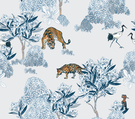 Blue and White Porcelain Chinese Pattern with Big Scene of Tiger and Leopard in Garden, Wildlife Chinoiserie Oriental Seamless Pattern 