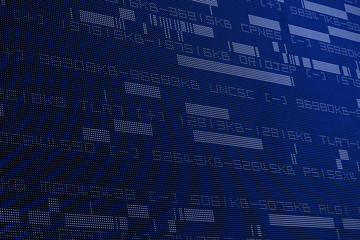 Large blue digital wall display LED screen with numerals, characters and glitches running across the screen