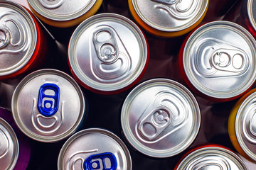 Group of aluminium cans, cold drink.