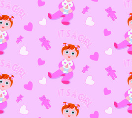 Seamless pattern with a vector flat image of a girl with a bottle, also on the background there are pink bears, hearts and the inscription "This is a girl". Suitable for greeting cards or gift paper.