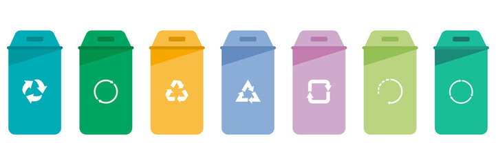 Separation concept. Set of color recycle bin icons in trendy flat style, waste recycling symbol, front view
