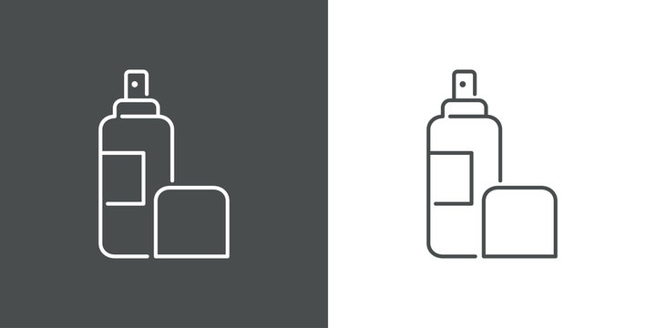 Icono plano lineal spray desinfectante en fondo gris y fondo blanco