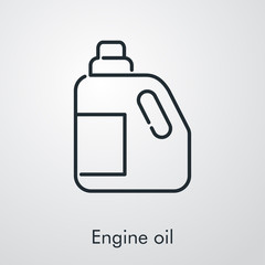Obraz premium Icono plano lineal con texto Engine oil con botella de plástico en fondo gris