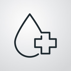 Icono plano lineal gota con cruz en fondo gris