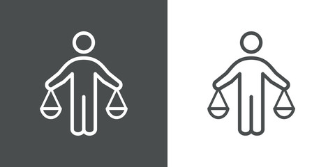Símbolo de justicia y moral. Icono plano lineal hombre de pie como balanza en fondo gris y fondo blanco © teracreonte