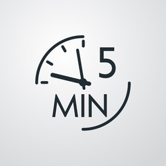 Icono plano lineal reloj con texto 5 min en fondo gris - obrazy, fototapety, plakaty
