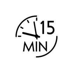 Icono plano lineal reloj con texto 15 min en color negro - obrazy, fototapety, plakaty