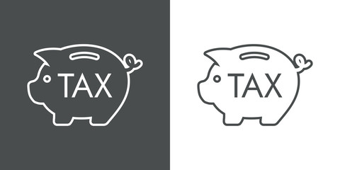Icono plano lineal con texto TAX en hucha cerdito en fondo gris y fondo blanco