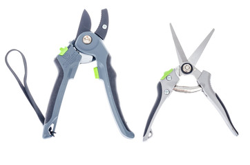 Scissors, pruner for pruning branches, stems. Garden and flower care tools isolated on white background