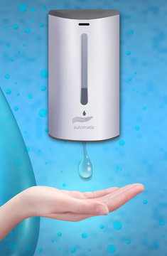 Wall Automatic Sanitizer Dispenser For Hand. Rubbing Alcohol Based. Wall Mounted Soap Or Antiseptic Dispenser. Covid-19 Spread Prevention. Protection From Germs Such As Coronavirus. Vertical Banner