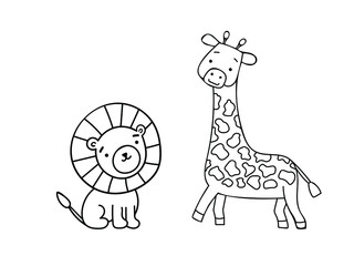 cute giraffe and lion are drawn in black outline on a white background. Doodle illustration