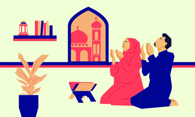 Vector illustration of man and woman praying doa for Ramadhan