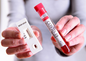 Rapid Covid-19 coronavirus strip test cassette for antibody or sars-cov-2 virus disease in hands...