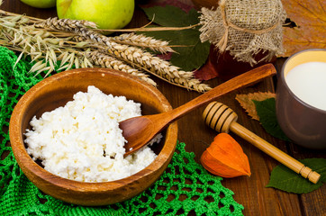 Fresh homemade diet cottage cheese, healthy nutrition, dairy products.