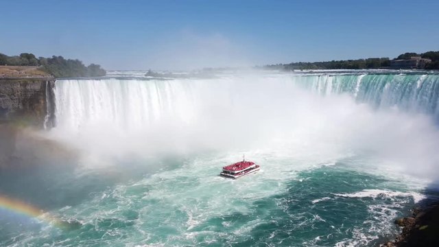 The famous waterfall of Niagara Falls, a popular place among tourists from all over the world. View from the Canada. In the image waterfall and boats can be seen at the same time.